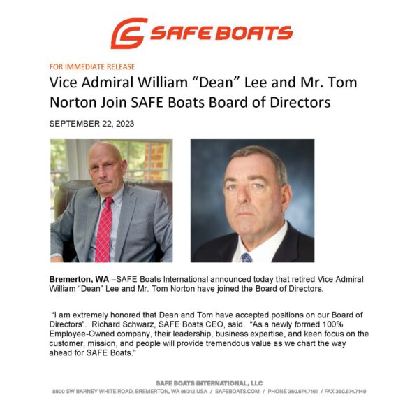 Vice Admiral William “Dean” Lee and Mr. Tom Norton Join SAFE Boats Board of Directors